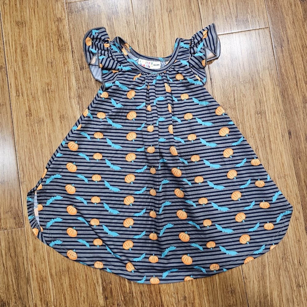 New DotDotSmile Halloween Pumpkin & Teal Bat Striped Flutter Sleeve Swing Dress
